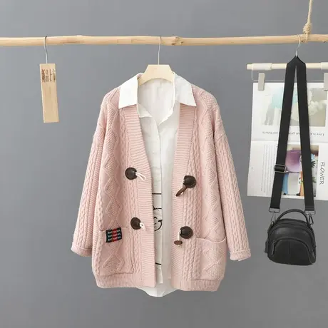 韩版牛角扣大码针织开衫女秋冬新款V领宽松加厚外套上衣针织毛衣图片