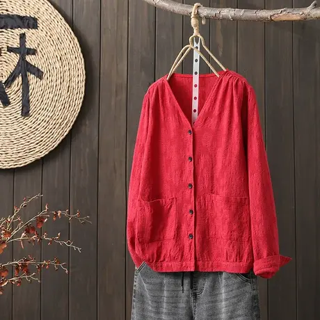 枫谜2023年春季新款V领纯色提花棉麻短外套显瘦百搭长袖开衫图片