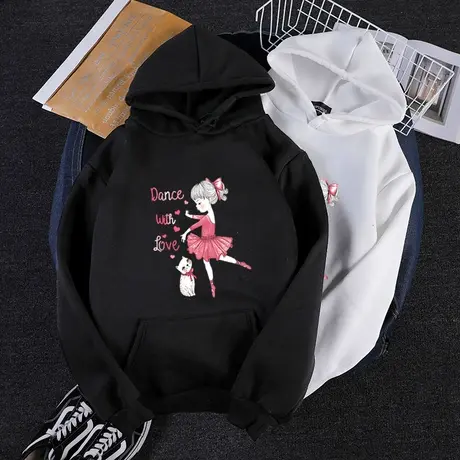 卫衣女2023秋装新款韩版ins黑色卡通印花bf风宽松连帽加绒上衣潮图片