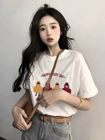 潮牌复古美式短袖T恤女夏季2023新款独特小众设计印花上衣宽松ins商品大图