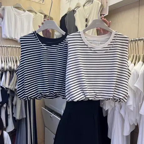 条纹无袖T恤女2023夏季新款宽松显瘦百搭纯棉短款收腰背心上衣潮商品大图