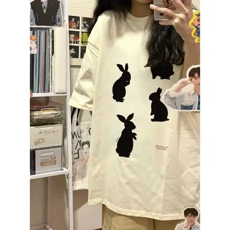 纯棉设计感趣味兔子印花短袖t恤女夏季小众宽松港风chic半袖上衣商品大图