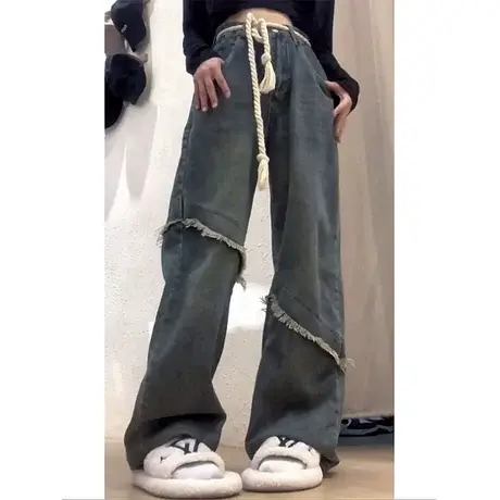 美式复古直筒牛仔裤女小个子秋冬设计感小众毛边高腰显瘦阔腿裤子图片