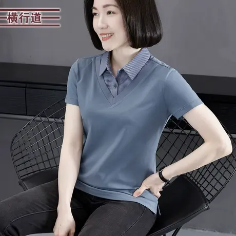简约纯色假两件格子衬衣领下摆开叉短袖T恤2023夏季新款大码上衣商品大图