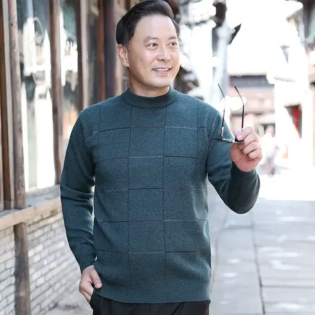 冬季新款中年男士圆领格子毛衣加绒加厚保暖打底针织衫老人爸爸装商品大图