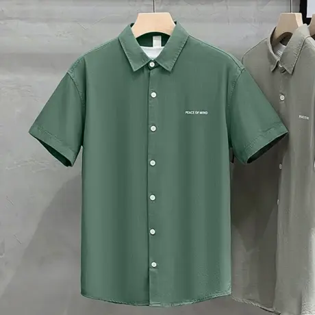 夏季纯棉男士短袖衬衫青年刺绣翻领半袖衬衣休闲宽松衬衫男外套潮商品大图