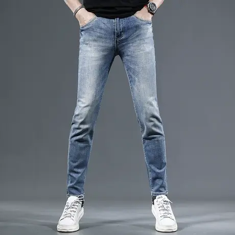 高端冰丝蓝色牛仔裤男款夏季薄款修身小脚2023新款弹力男士牛仔裤图片