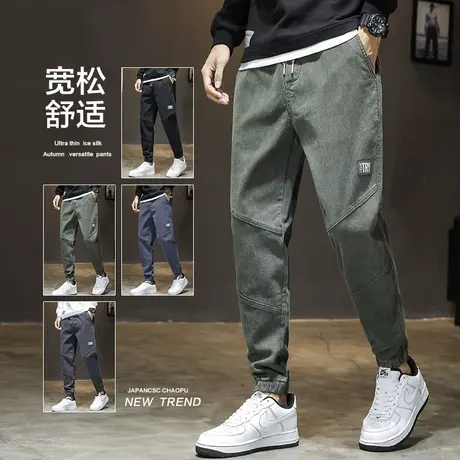 春秋款军绿色男裤子2023年新款工装秋冬牛仔长裤男士休闲宽松束脚商品大图