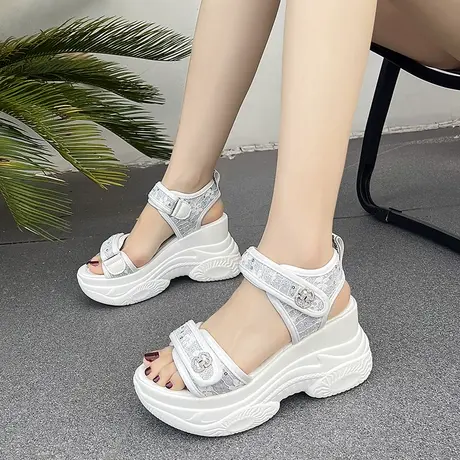 厚底凉鞋女鞋老爹2023年夏季新款运动坡跟松糕内增高魔术贴罗马鞋商品大图