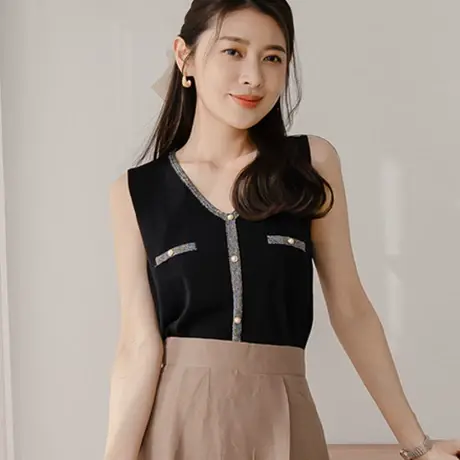桔熊夏季通勤气质V领针织背心打底无袖上衣女胖妹妹大码FA2757图片