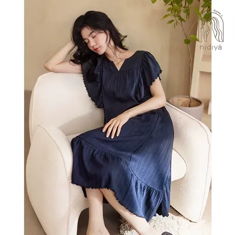 妮狄娅2023睡衣睡裙女士春夏季简约纯色甜美宽松夏天中长款家居服商品大图