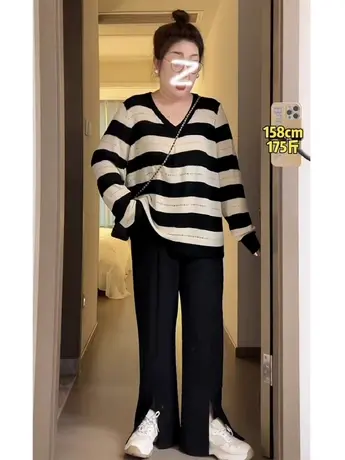 大码女装慵懒风V领条纹针织衫女春秋胖mm法式显瘦打底衫上衣200斤商品大图