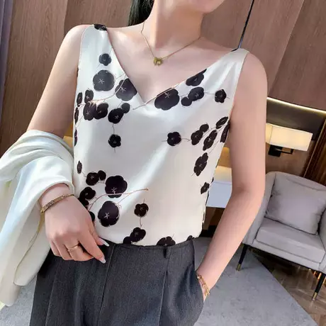 真丝吊带背心女内搭宽松美背V领无袖夏季配西装醋酸缎面打底上衣商品大图
