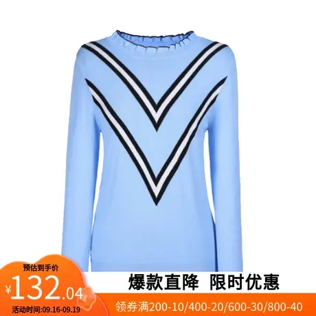 【艾格】木耳边针织衫女2023春季新款圆领撞色条纹长袖毛衣官网图片