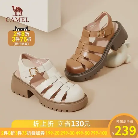 骆驼女鞋2023新款春秋猪笼鞋经典厚底粗跟包头凉鞋女真皮罗马凉鞋图片