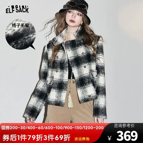 妖精的口袋格纹加厚外套女2023冬季新款学院风宽松短款休闲上衣图片