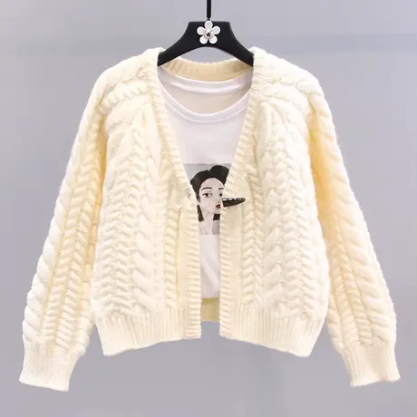 牛角扣麻花毛衣外套女2023年春装新款宽松慵懒风短款洋气针织开衫图片