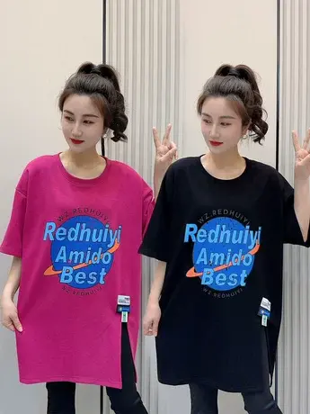 2023夏季新款地球字母印花开叉短袖t恤女韩版宽松显瘦大码ins上衣商品大图