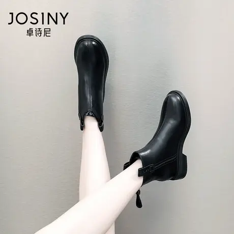 卓诗尼2023秋冬新款后拉链加绒马丁靴粗跟短靴女时尚英伦风女靴子图片
