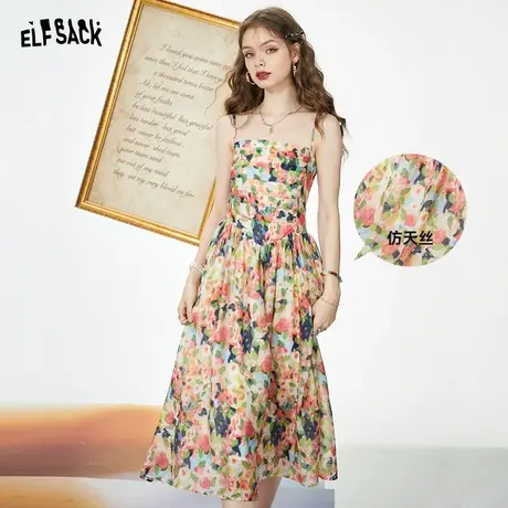 妖精的口袋印花吊带连衣裙女2023夏季新款高腰显瘦修身花朵裙子潮图片
