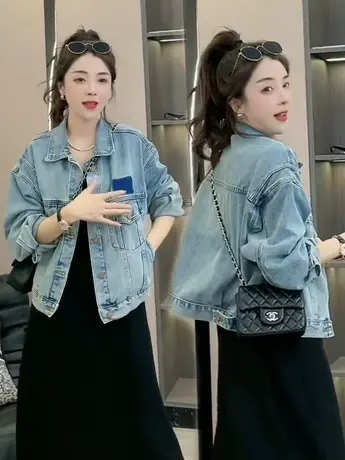 韩系蓝色阴影牛仔外套女2023年新款春秋季外穿百搭宽松撞色上衣潮商品大图