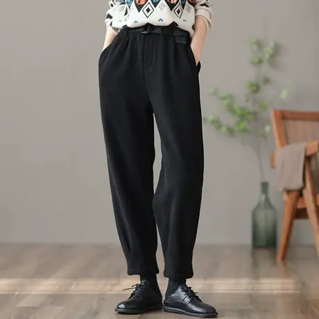 dza 高腰显瘦细条绒加绒裤子女冬季加厚宽松阔腿裤百搭纯色哈伦裤图片