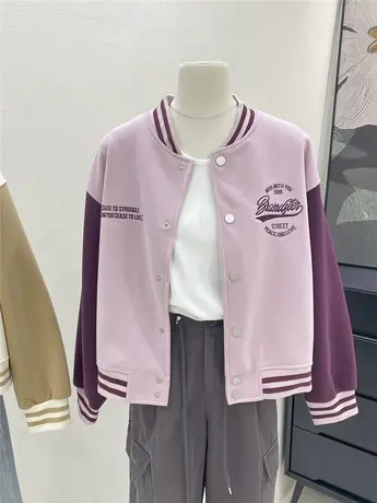 美式复古棒球服女秋季2023新款复古拼色宽松长袖开衫卫衣外套上衣商品大图