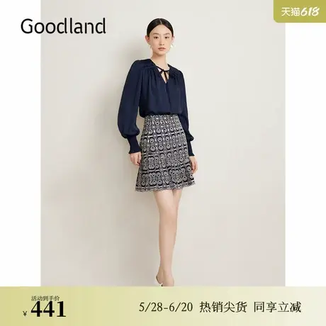 Goodland美地春季法式优雅镂空刺绣荷叶边小A字半身裙图片