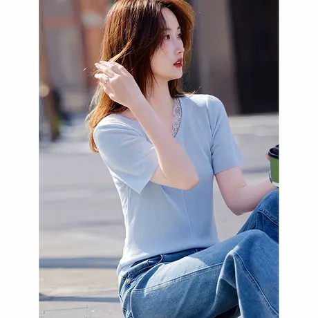 时尚气质针织衫2025年夏季新款女纯色简约蕾丝边修身百搭上衣图片