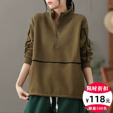 dza 复古拉链高领加绒卫衣女士秋冬内搭打底长袖休闲套头加厚上衣商品大图