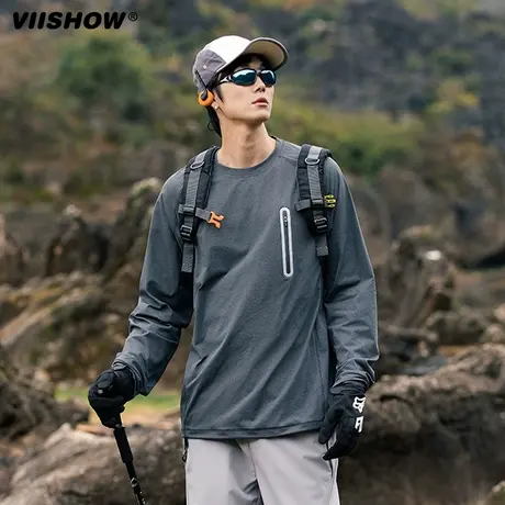 VIISHOW春季山系户外纯色长袖T恤男女复古宽松防晒速干百搭上衣商品大图