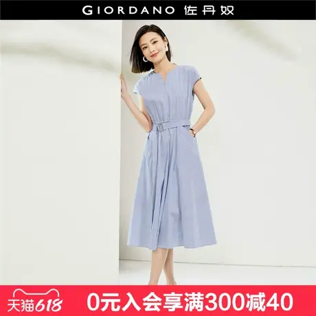 佐丹奴裙子女夏季新款度假风条纹小V领配腰带短袖连衣裙18464605图片