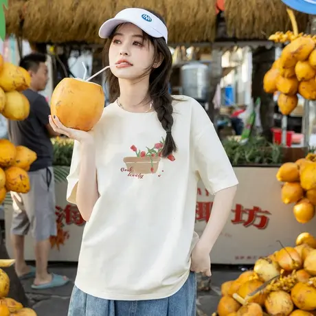 唐狮夏季新款短袖T恤女圆领前胸花卉甜美图案纯棉宽松上衣商品大图