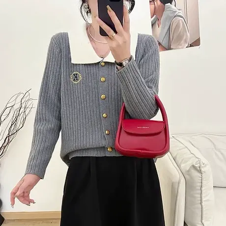 春装2025新款娃娃领毛衣针织开衫外套女高级感小个子短款上衣百搭商品大图