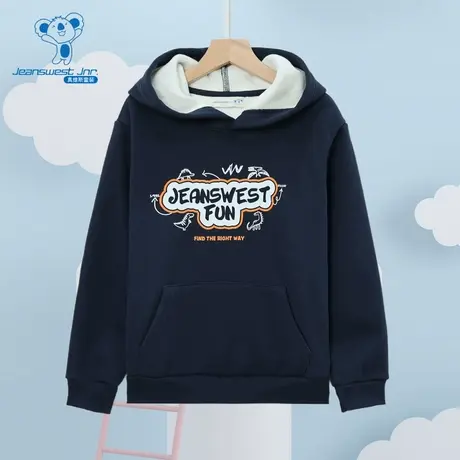 JJ真维斯童装2024冬季新款 男童趣味印花连帽长袖加绒卫衣上衣商品大图