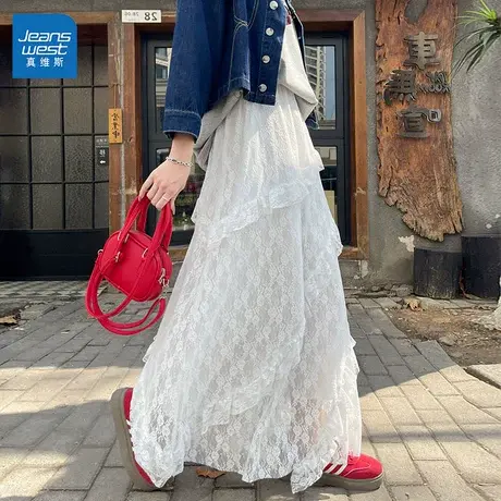 GL真维斯白色蕾丝半身裙女夏2025新款高腰a字拼接长裙设计感裙子图片