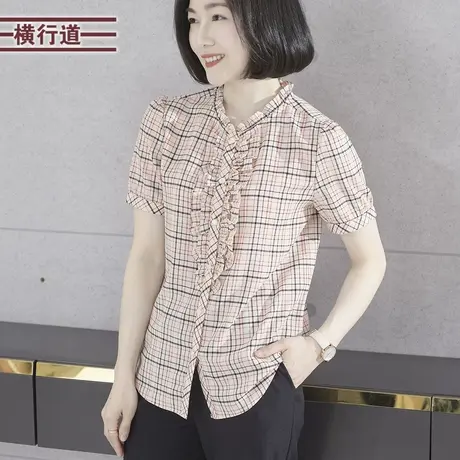 简约淑女圆领木耳边格子宽松短袖雪纺衫2023夏季新款女装外穿上衣商品大图