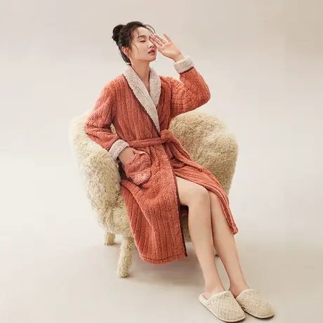 安之伴【清仓】冬季女款珊瑚绒睡袍长袖长裤家居服套装法兰绒睡袍商品大图