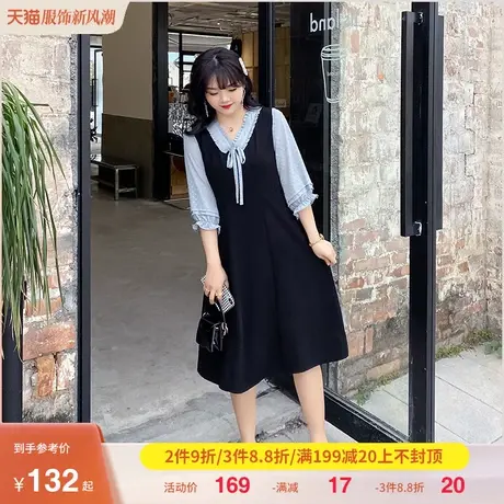 2023秋季新款显瘦大码连衣裙胖mm拼接减龄蝴蝶结中长款过膝假两件图片