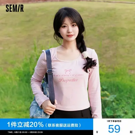 森马长袖T恤女短款蝴蝶结字母甜美2024新款秋季温柔蕾丝紧身上衣商品大图