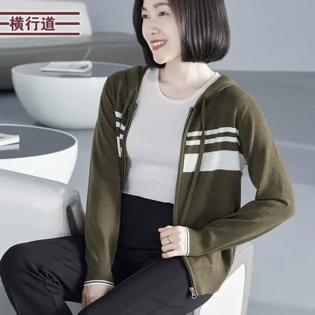 2023冬季新款简约韩版撞色连帽拼色长袖开衫毛衣外穿针织衫大码女图片