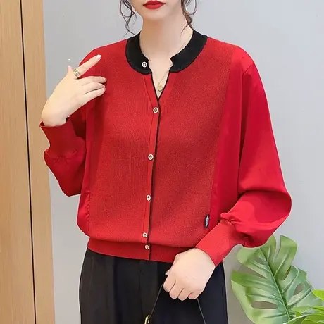 圆领拼接雪纺袖套头针织打底衫上衣秋冬2023时尚新款宽松百搭毛衣图片