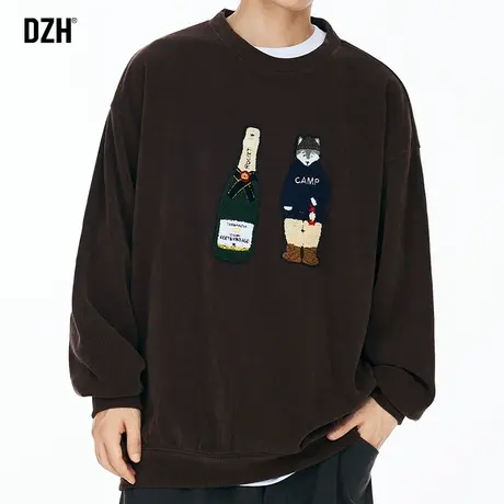 男士毛巾绣重磅卫衣男秋冬季黑色圆领灯芯绒外套潮牌男装日系上衣商品大图