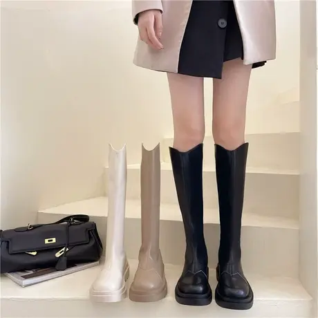 V口长筒靴女粗腿2023秋冬新款胖mm大筒围加宽马丁靴高筒骑士靴商品大图