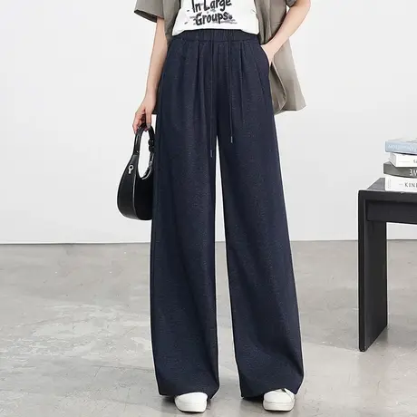 拉夏贝尔阔腿休闲裤女2025秋新款高腰宽松显瘦系带松紧腰直筒西裤商品大图