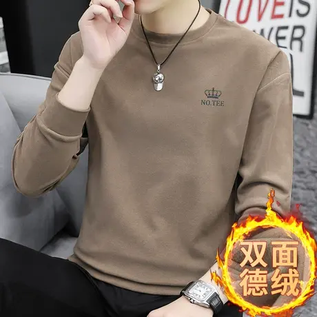 德绒卫衣男秋冬款保暖双面绒无帽上衣服宽松潮流皇冠印花长袖t恤商品大图