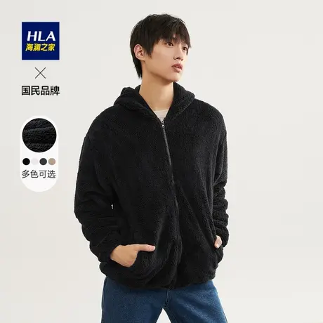 HLA/海澜之家加绒加厚黑色摇粒绒夹克21秋冬珊瑚绒宽松运动外套男图片