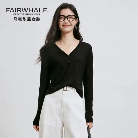 马克华菲桑蚕丝长袖T恤女2025新款宽松慵懒裸感打底衫气质V领上衣商品大图
