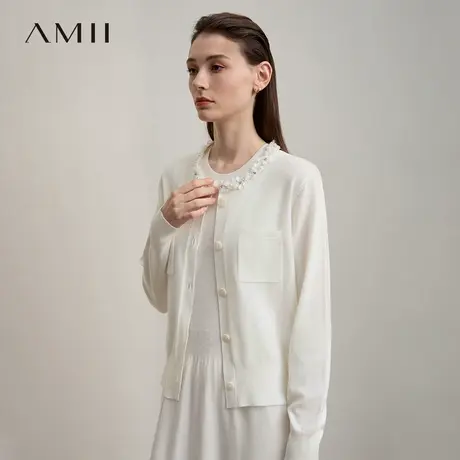 Amii2025秋新款极简知性香风宽松弹力领口织带45支毛织开衫女图片
