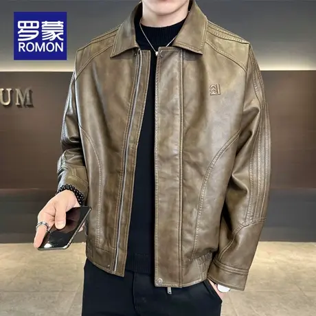 罗蒙外套男款秋季翻领2025新款男士皮夹克机车痞帅高级感PU皮上衣商品大图